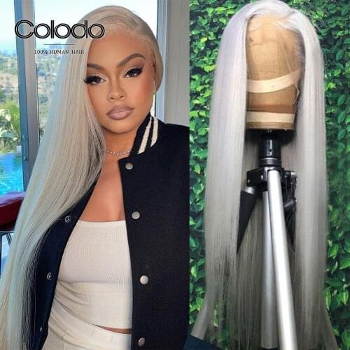COLODO Silver Grey Pre Plucked Straight Lace Front Wig Remy Brazilian Royal Blue Purple Lace Front Human Hair Wigs for Women