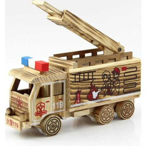 1pcs Classic Home Decoration Crafts Simulation Wooden Mini Fire Truck Toy For Kids Great Gift Home Decor Car Miniatures