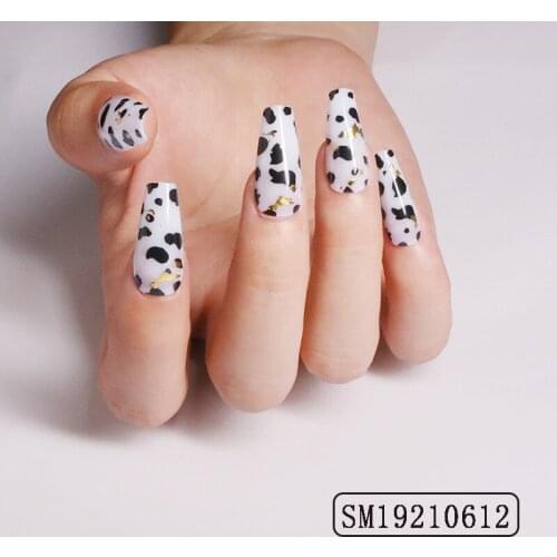 24pcs Cow Pattern Nail Patch Glue Type Removable Long Paragraph Fashion Manicure Save Time False Nail Patch SK88