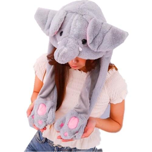 Elephant With Ears Moving white Cartoon Animal Plush Dynamic Hat Childrens Winter Warm Cap Combined Scarf and Glove