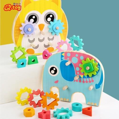 Wooden Montessori Toy Educational Building Blocks Toys Gear Animal Column Color Shape Match Stacking Puzzle Toys For Children