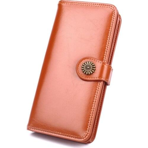 2021 Oil Wax Leather Long purse women Large Capacity Hasp ladies wallet Lightweight Fashion Wallets Solid portefeuille femme