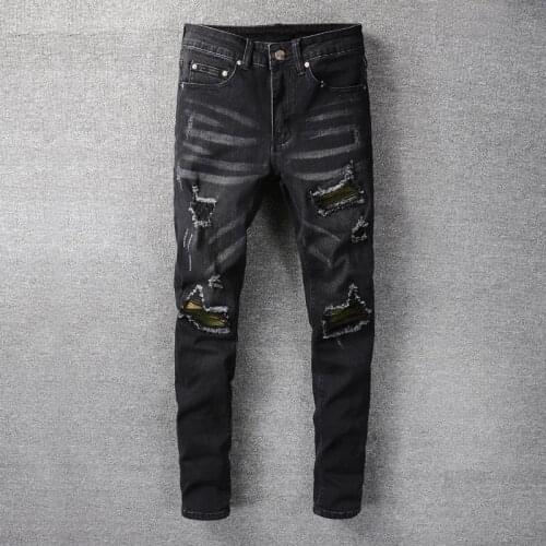 American Street Fashion Men Jeans Retro Black Gray Elastic Slim Fit Ripped Jeans Men Patches Designer Hip Hop Denim Punk Pants
