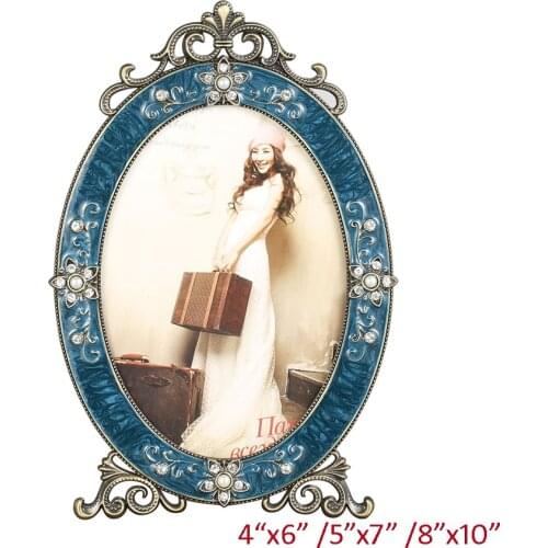 European Vintage Antique Bronze Blue Enameled and Rhinestone Jeweled Oval Footed Metal Picture Frame for 4x6,5x7,8x10 inch Paper