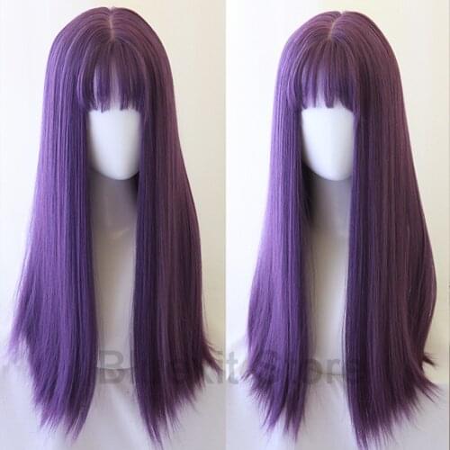 Harajuku Purple Lolita Wig Women Long Straight Synthetic Hair Fringe Bangs Adult Girls
