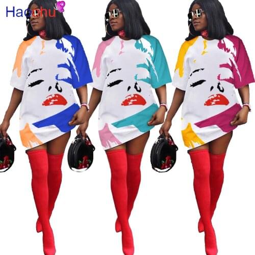 HAOOHU Women Autumn short Sleeve Character Print O-neck Sweatshirts MINI short Dress