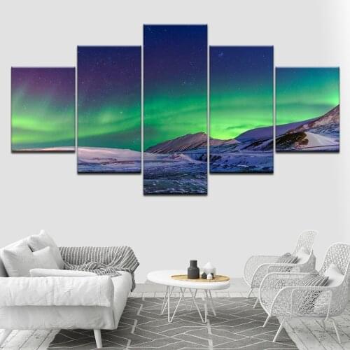 Living Room HD Printed Wall Art Pictures Painting 5 Panel Aurora Borealis Nature Landscape Modern Home Decoration Poster Frame