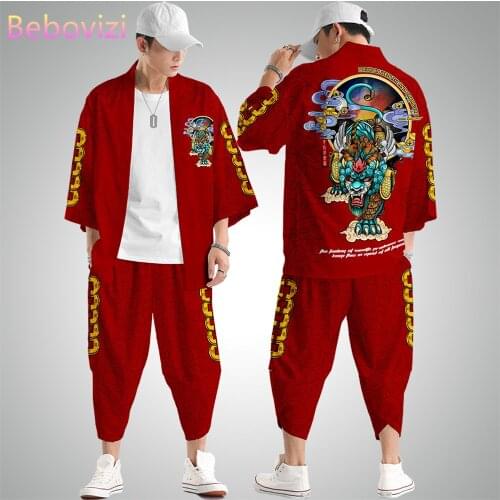2pcs Suit Plus Size XS-6XL Loose Dragon Print Japanese Samurai Harajuku Kimono Cardigan Women Men Cosplay Yukata Tops Pants Set