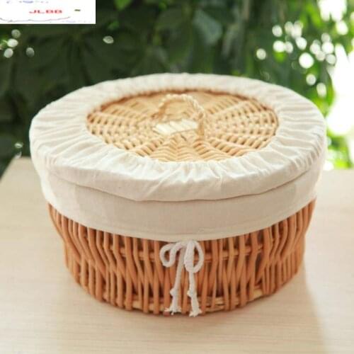 Round Rattan Storage Basket with Cover Cloth Lining Bread Food Basket Home Use Handmade Weave Storage Finishing Decoration Box