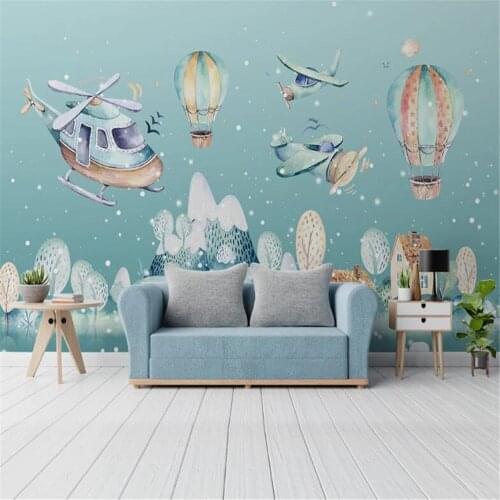 Milofi custom mural wallpaper Nordic simple hand-painted cartoon village helicopter hot air balloon childrens room background w