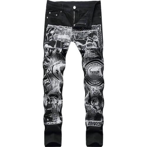 Mens Hi Street Graffiti Hip Hop Jeans Pants Fashion Streetwear Skull Painted Denim Trousers Slim Fit Stretch 3D Printed Bottoms