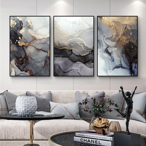 3pcs Black Grey And Gold Fluid Style Painting Set Canvas Art Posters and Prints Cuadros Home Decor Wall Art For Living Room