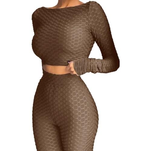 Hirigin New Women Two-piece Yoga Sports Clothes Set Solid Color Round Collar Pullover and High Waist Leggings For Running Sets