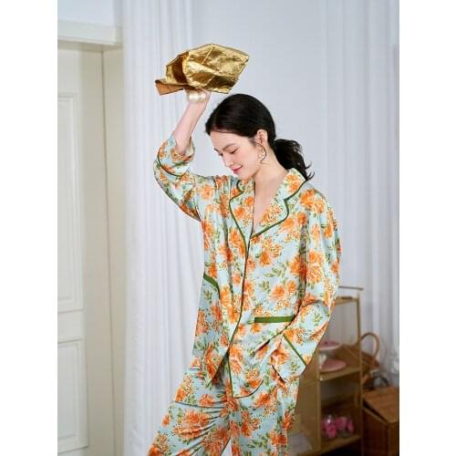 Original French High-grade Ice Silk Pajamas Womens 2021 New Spring and Summer Pajama Suit Flower Winter Pajamas for Women