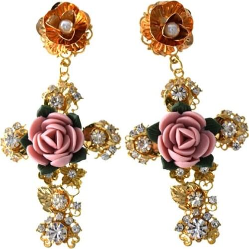 Luxury Baroque Gold Color Big Metal Cross Earring For Women Bohemia Jewelry Rhinestones Cross Dangle Earrings Pendants Bijoux