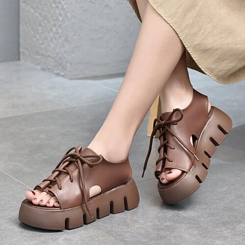 2021 Summer New Thick-soled Wedges Open-toe Sandals Genuine Leather Retro Casual Platform Shoes Lace-up Cowhide Womens Sandals