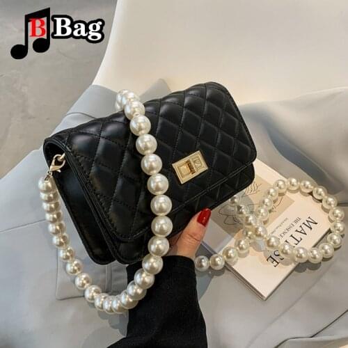 Fashion Women PU Leather Lattice Pattern One Shoulder Underarm Bag Casual Ladies Pearl Chain Solid Color Handbags Purse