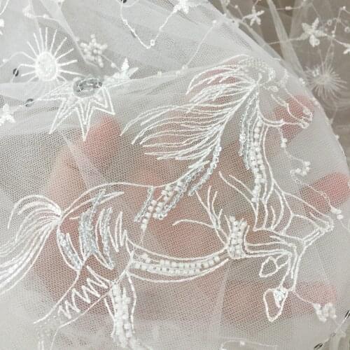 1 Yard 3D beaded sequin soft tulle embroidery lace fabric in off white for bridal gown wedding dress boho wedding