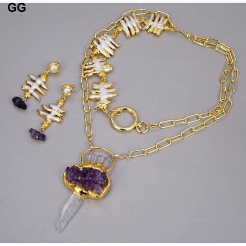 GuaiGuai Jewelry Natural Cultured Biwa Keshi Pearl Amethysts Quartzs Gold Color Plated Necklace Bracelet Earrings Sets For Women