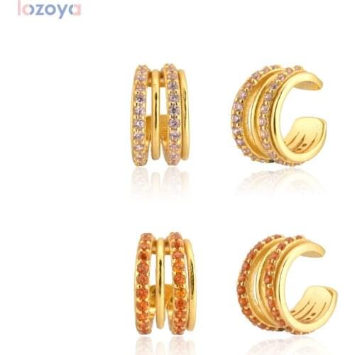 LOZOYA 925 Sterling Silver Gold Pink Orange Without Piercing Zircon Gems Women Earcuff Earring Cuff Clips Ear Cuff Earring
