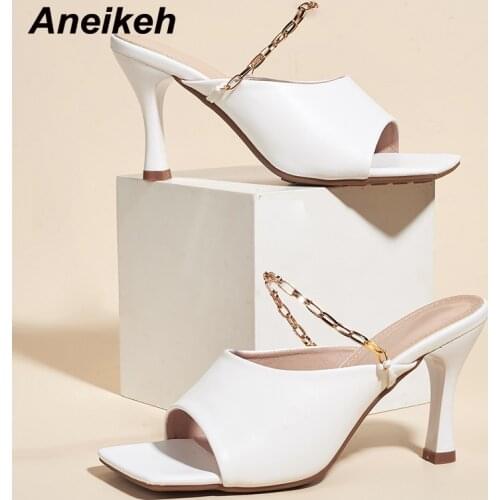 Aneikeh 2021 PU Womens Shoes Summer Head Peep Toe Thin Heels Slippers Concise Solid Shallow Party Fashion Chain Solid Classics
