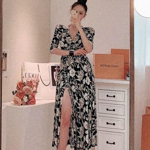 New arrival fashion party dress women elegant autumn v-neck five sleeve temperament office lady print a-line long dress