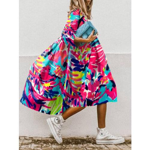 Women Vintage Floral Print Loose A-Line Dress 2020 Summer Elegant Casual O-neck Half Sleeve Dress Ladies New Party Dress Vestido