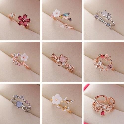 2021 New Arrival Luxury Trendy Sweet Flower Crystal Geometric Adjustable Ring For Women Vintage Fashion Delicate Metal Jewelry
