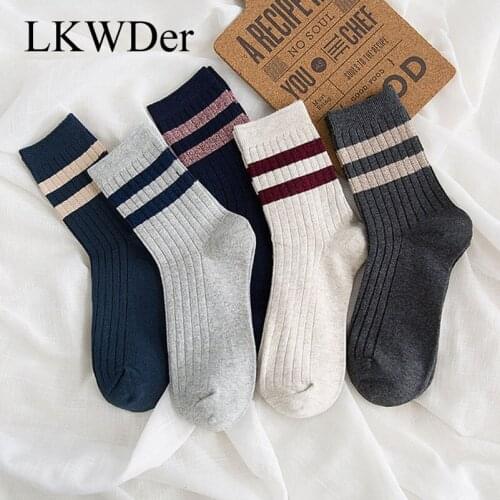 LKWDer 5 Pairs 2021 Autumn Winter Trend Mens Socks Cotton Comfortable Casual Mens Striped Tube Cotton Socks Calcetines Hombre