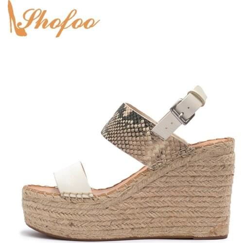 White Snake Print Platform High Wedge Heels Sandals Women Large Size 14 16 Ladies Fashion Adjustable Buckle Strap Shoes Shofoo