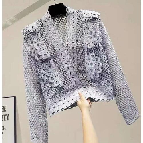 Blouse Runway Fashion Lace Designer New Arrival Spring Summer V-Neck Ruffles Flower Embroidery Hollow Out Elegant Blous