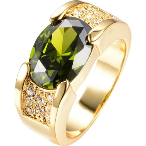 Big Oval Stone Olive Green Zircon Yellow Gold Rings for Men Wedding Band Party Jewelry Vintage Fashion Male Engagement Ring Gift