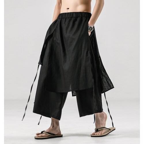 Men Chinese Style Cotton Linen Pants Black Wide-Leg Pants Men Comfortable Skirt Pants Ancient Male Loose Hanfu Kung Fu Trousers