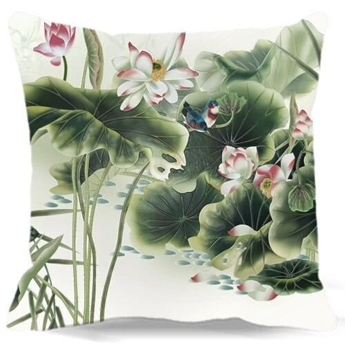 Lotus of Chinese painting of Square 16" 18" Cotton polyester Cushion Cover Decorative Chair sofa car Seat Home Living Textile