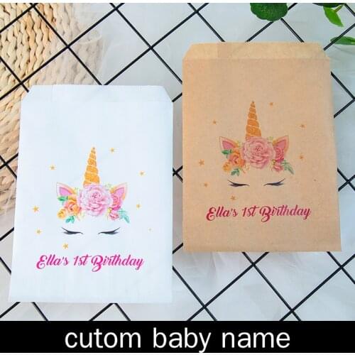 Personalised Baby Name & Unicorn Popcorn Candy Buffet Cookie Desserts Treat Bags Customized Girls Birthday Party Favors