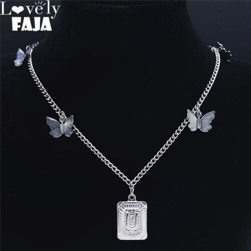 Stainless Steel Butterfly U Letter Necklaces Women Silver Color Geometry Necklaces Jewelry collier lettre initiale N7002US03