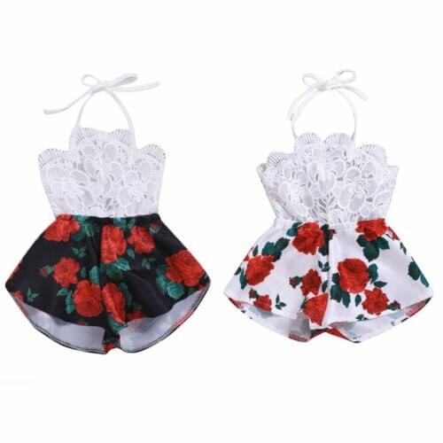 Hot Sale Infant Baby Girl Sleeveless Romper New Fashion Lace Halter Backless Floral Playusit Jumpsuit Outfit Clothes Summer