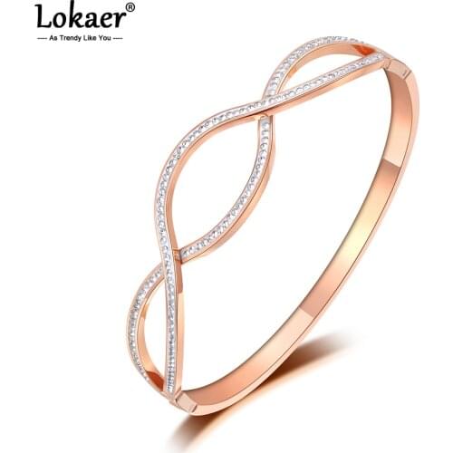 Lokaer Sparkling Design Mosaic Rhinestone Cross Bangles & Bracelet Jewelry Rose Gold Color Stainless Steel Wedding Bangle B19091