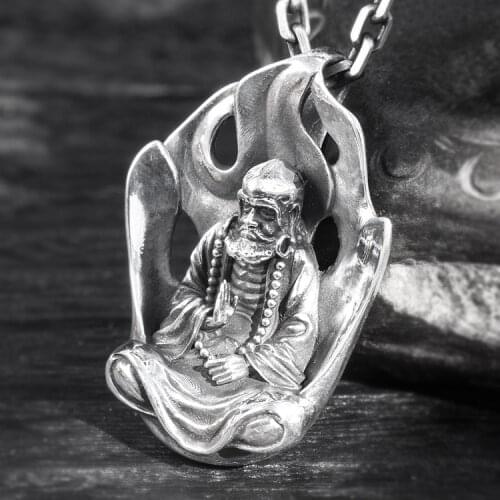 Solid 999 Sterling Silver handmade Bodhidharma Buddha amulet mens pendant Charm jewelry A5684