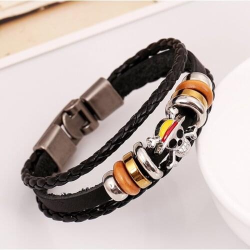 New ONE PIECE Monkey D. Luffy Cosplay Props Jewelry Skull Symbol Double Leather Rope Metal Wristband Bracelet Accessories Anime