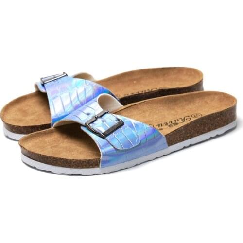 Women Cork Sandals Women Brief Buckle Strap Decorate Beach Sandals Ladies Summer Soft Microfiber Leather Slippers
