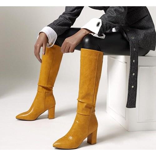 High Heel Knee High Boots Women Shoes Faux Leather Pleated Long Boots Pointed Toe Zipper Autumn Winter Female Boots 34-43