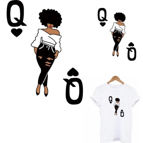 Q Black Queen Thermal Stickers On Clothes Women T-Shirt Hoodies Iron-On Transfer For Clothing African lady Applique Decoration