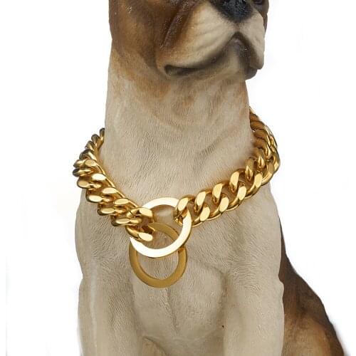 12/15mm Wide High Quality Safety Pet Supplies Necklace Choker Gold Tone Stainless Steel Cuban Curb Link Chain Dog Collar 12-36"