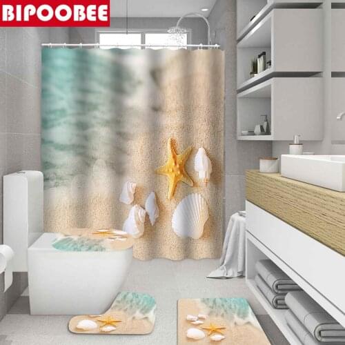 3D Ocean Beach Bathroom Curtains Set Starfish Shell Toilet Lid Cover Bath Mats Non Slip Carpet Modern Shower Curtain with Hooks