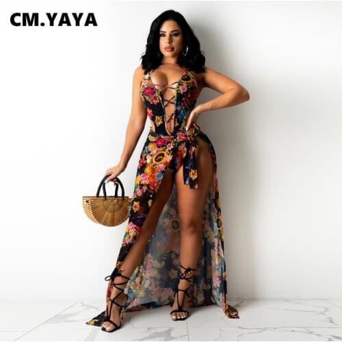 CM.YAYA Women Set Print Sleeveless Bandage Hollow Out Bodysuits Splited Long Skirts Two 2 Piece Set Sexy Beachwear Summer Outfit
