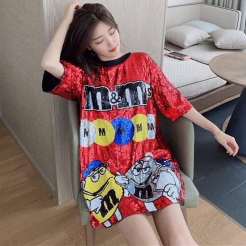Sequined Casual Straight Loose Letter Anime Pattern Short Sleeve O-neck One Size Black Red Sliver Summer Women Dress 9853
