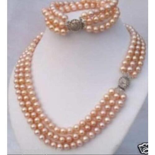 3Rows 7-8mm Pink Akoya Pearl Necklace Bracelet