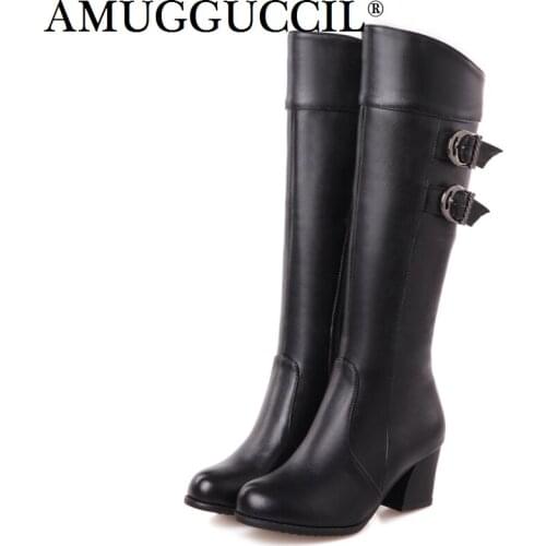 Plus Big Size 28-52 Black White Brown Red Buckle Zip Knee High Winter Autumn Girl Lady Female Womens Boots X1659