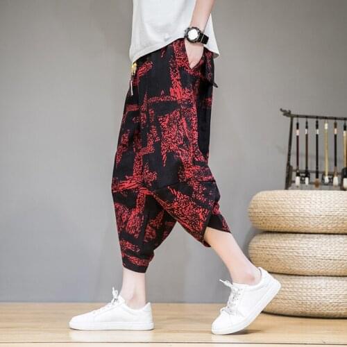 Men Pants Mens Wide Crotch Harem Pants Loose Large Cropped Trousers Wide-legged Bloomers Korean Style Printed Baggy Streetwear